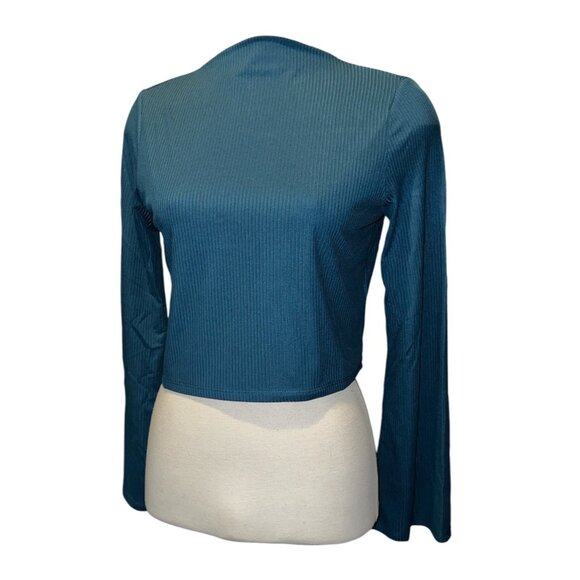 Band of the Free Open Back Ribbed High Neck Blouse Sz Medium Long Sleeve Teal - Picture 2 of 7